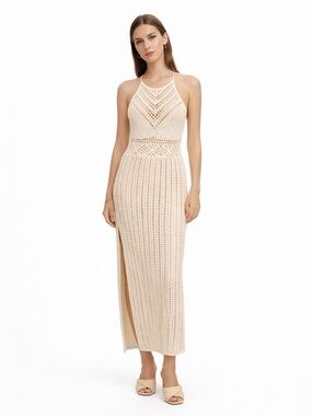 Forever 21 Ivory Crochet Knit Midi Dress Small Boho Chic Resort Beach Cover Up